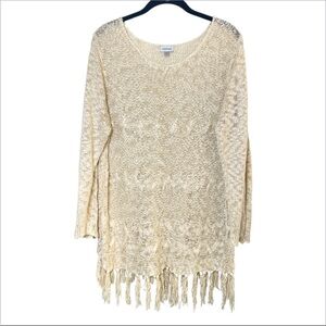 Avenue women crochet Cream open Knit Fringe Sweater coastal lagenlook size 14/16